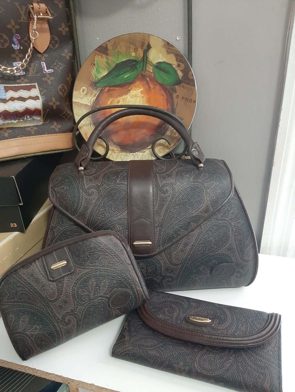 LIZ CLAIBORNE 1988 Vintage/Retired Paisley Top Handled Satchel & Wallet 3 Pc Set